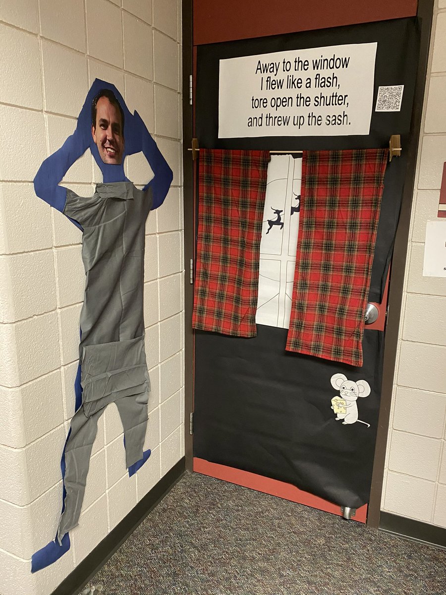 TISDTJHS's tweet photo. Our incredible History Dept. had a department theme of ‘Twas the Night Before Christmas for their doors this year!  Each teacher recorded themselves reading the part from the book that represents their classroom door that can be played with a QR code! https://t.co/OjDM879pU0