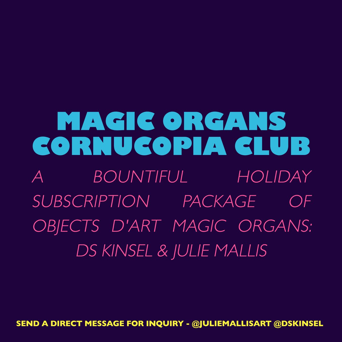 BOOMConcepts's tweet photo. #MagicOrgans (@DSKinsel @juliemallisart) present the #CornucopiaClub featuring special holiday pack of their work. Each pack has 2 pieces by both DS and Julie. https://t.co/ZBf8xapwWu