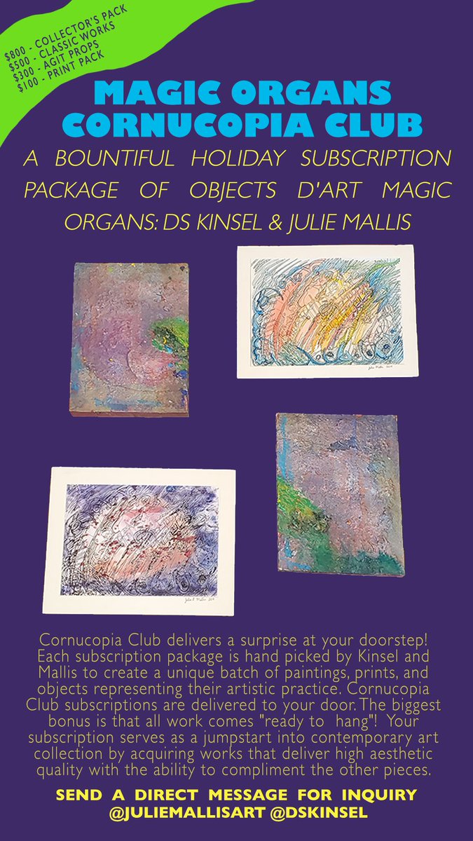 BOOMConcepts's tweet photo. #MagicOrgans (@DSKinsel @juliemallisart) present the #CornucopiaClub featuring special holiday pack of their work. Each pack has 2 pieces by both DS and Julie. https://t.co/ZBf8xapwWu