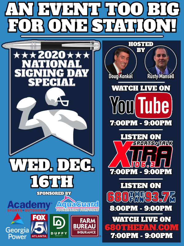 680TheFan's tweet photo. Signing Day Special | TONIGHT | 7-9PM 

*SCHEDULED TO APPEAR*

@CoachSBeamer 
- 8:00pm
@CoachCollins
 - 8:15pm  
@KirbySmartUGA
 - 8:45pm

Watch Here: https://t.co/jTHC6VA2om

@Mansell247 @DougKonkel @Xtra1063 @680TheFan #SigningDay #SigningDay2020 https://t.co/Fw15CUIb46
