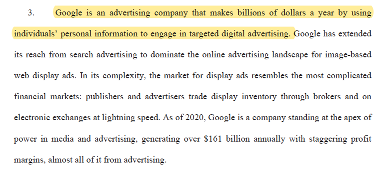 Like with Facebook, the lawsuit significantly includes the intersection of data and antitrust and the erosion of privacy and capturing of profits as Google achieved market power and could weaponize data. The state AGs very clearly understand Google's business model. /4
