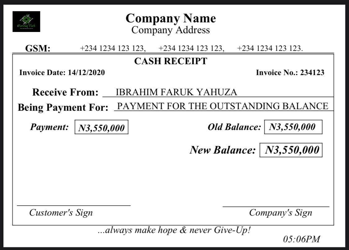 iFarouqDev's tweet image. Hey guys it’s Day 16 of #100DaysOfCode 
Still working on front end of #AccountantSoftware.
Designing these Invoice &amp;amp; Receipt is not easy guys, cus it exhausted my whole day updating it &amp;amp; trying to make it look good. Gladly, am done with it tonight &amp;amp; am free to move on tomorrow😇