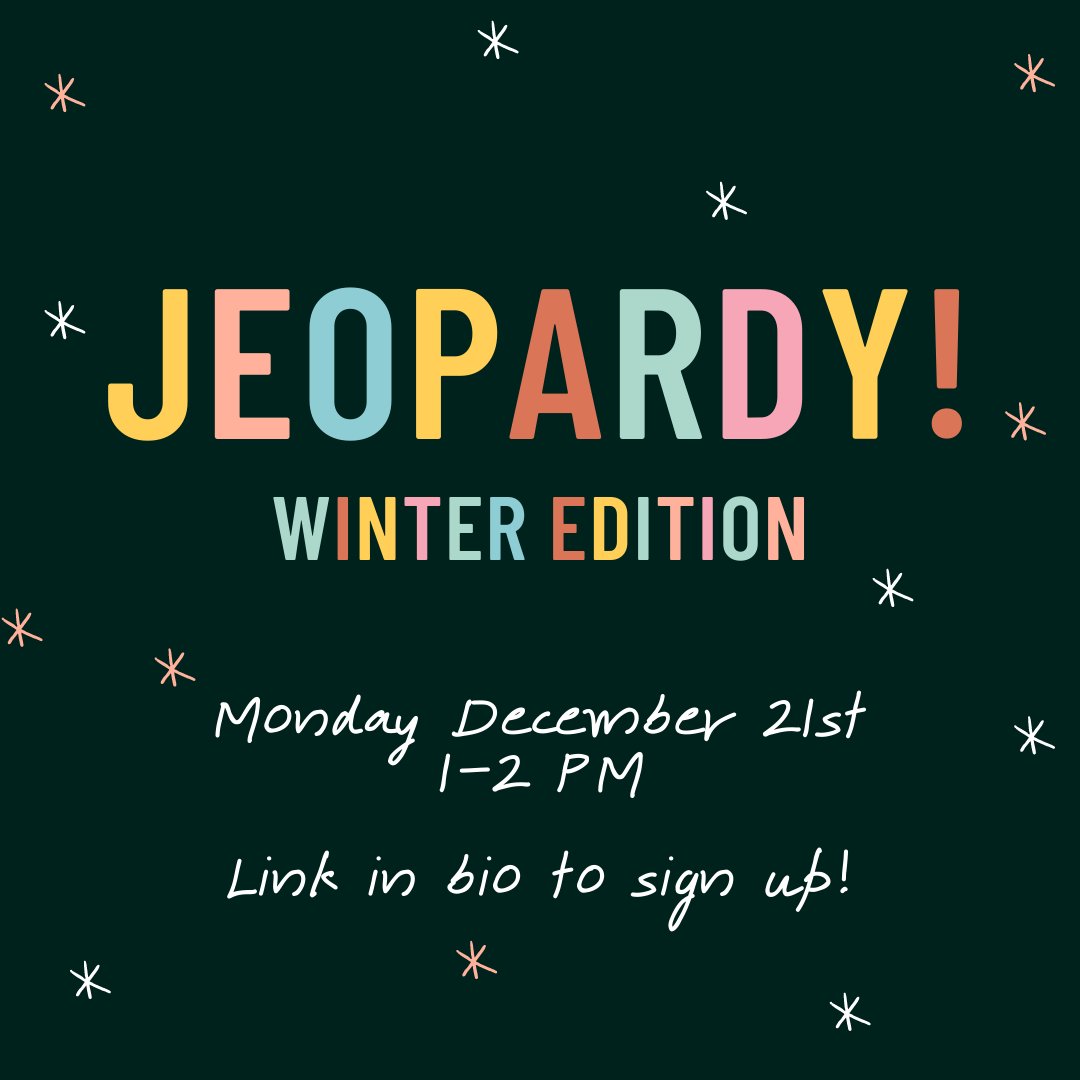 We're hosting a game of Jeopardy next Monday from 1-2 p.m. Come dressed up in your best winter-themed wear (ugly sweaters, toques, ear muffs, etc.) if you're feeling extra festive! The person with the most points will win a PRIZE!
SIGN UP: forms.gle/PoBMSJR3tDc7M9… ❄️
