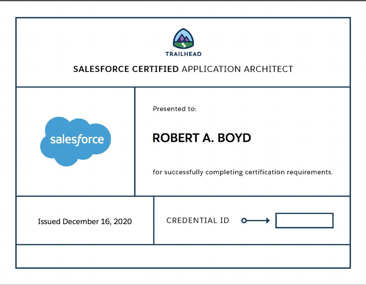 I'm proud to share that I'm now a <a href="/salesforce/">Salesforce</a> Certified Application Architect!  I'm beyond excited to have achieved this certification and to do even more amazing work with the platform.  Big shout out to <a href="/trailhead/">Trailhead</a> for being such a great learning resource.