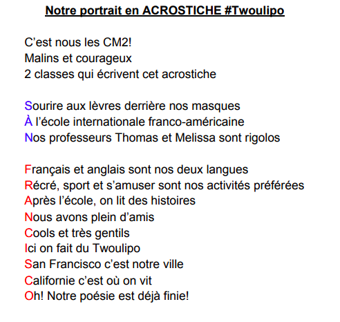 Et voilà notre acrostiche de présentation!
#EQ28 #Twoulipo 
<a href="/CMusiciens/">Les musiciens CM de Brel</a> @0220797x <a href="/CMChalland/">CM_Challand</a> <a href="/poudlardCM2/">OlympeLRB63</a>
<a href="/ClasseLautard/">Classe de M LAUTARD</a> <a href="/cm2stlo/">Cm2stlo</a>