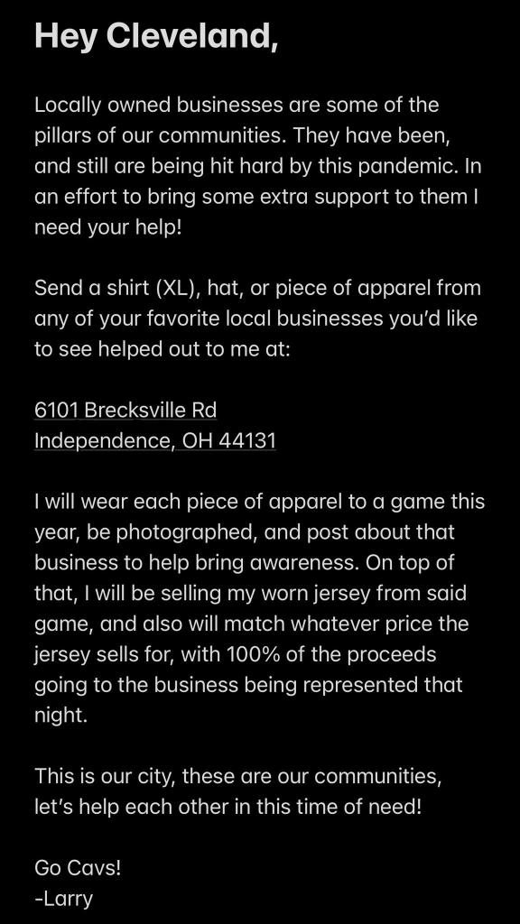 ESPNNBA's tweet photo. .@Larrydn22 plans to support locally owned businesses this season 👏

🔘 Promoting them with his gameday outfits
🔘 Selling game-worn jerseys, matching that price, then donating 100% of proceeds to different businesses each night https://t.co/wUymK2Nda6