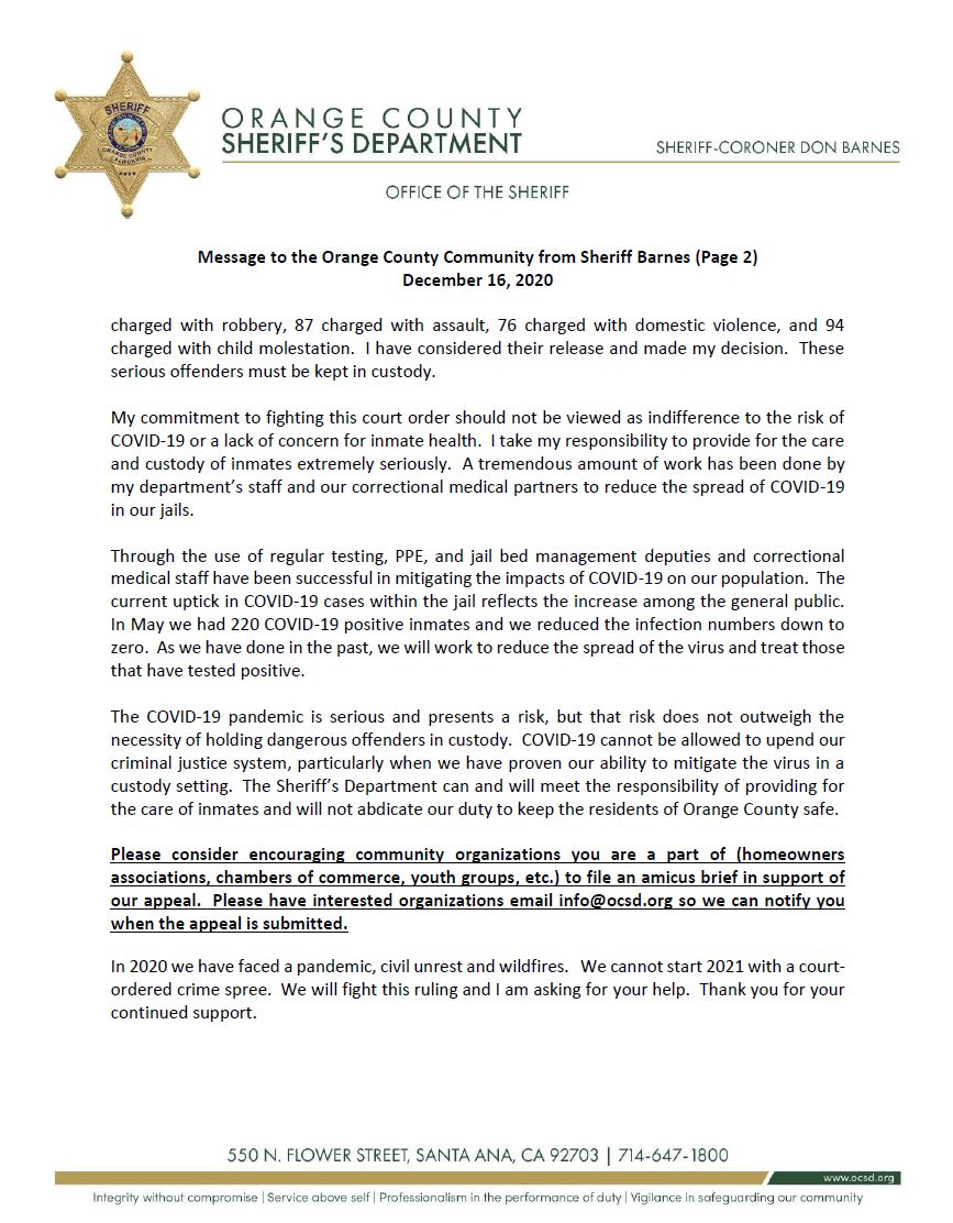 OCSheriffBarnes's tweet photo. Please see my message regarding last week's court ruling on the release of inmates, the effort to appeal the decision and how the community can help.  Thank you https://t.co/taJck3eqt5