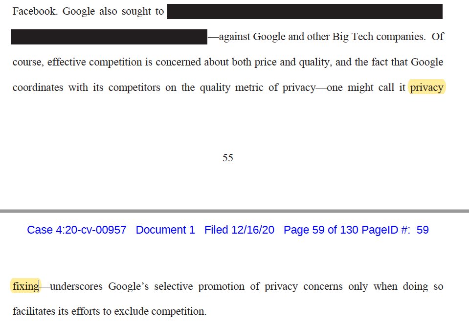 the privacy section intersection with antitrust (also seen in Facebook case) is interesting. yes, cost of bad privacy for users needs to factor in with free products. This lawsuit coins term, "privacy fixing" in describing cross-industry collusion to fight off privacy laws. /9
