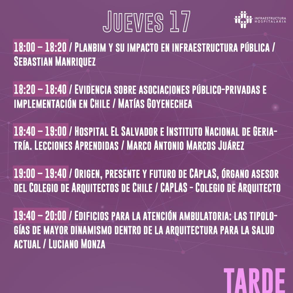 Hospitalaria's tweet photo. Cerramos el segundo día del Congreso de Infraestructura Hospitalaria. No te pierdas la programación de mañana a partir de las 10 am (Horario chileno) 
#InfraestructuraHospitalaria #Arquitecturahospitalaria #Chile #arquitectura #Hospitales #CongresoInfraestructura #9H https://t.co/YeCpbak27I