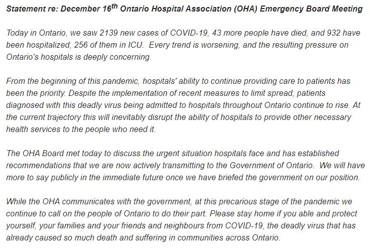 MikeCrawleyCBC's tweet photo. NEW: Statement from @OntHospitalAssn following its emergency board meeting.
"Every trend is worsening, and the resulting pressure on Ontario's hospitals is deeply concerning." OHA says it is "actively transmitting" recommendations to the government. #COVID19Ontario https://t.co/1DuQ0ujco1
