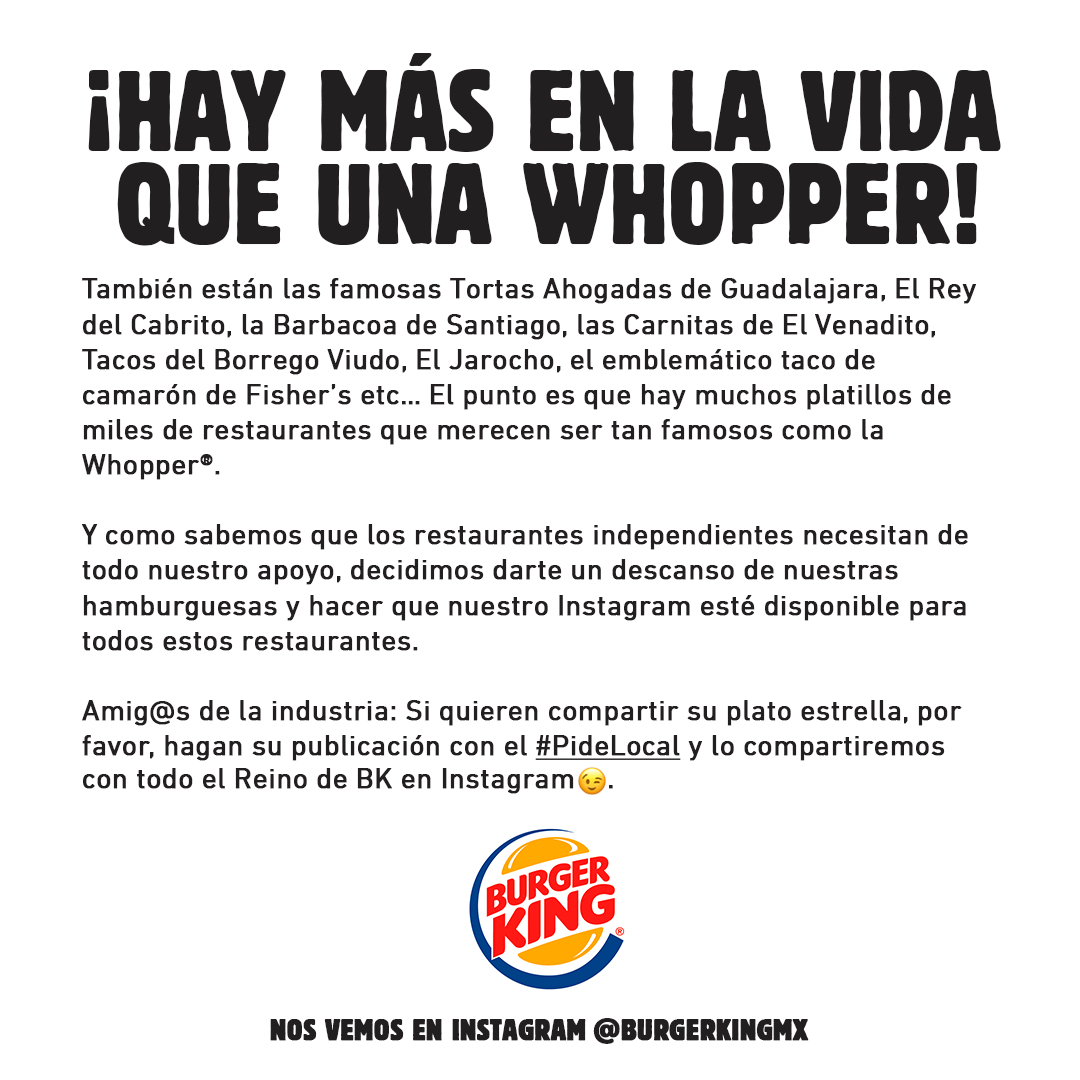 BurgerKingMX's tweet photo. ¡Pide y apoya! #PideLocal 😉
Nos vemos en Instagram 👉 https://t.co/FltuJHeqzT 
con los mejores platillos mexicanos 🇲🇽😋 https://t.co/2Jfhs5e0Gy