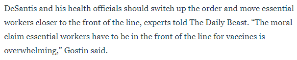 Here is  @daxe attacking DeSantis for doing exactly what Washington is doing and prioritizing health care workers, first responders, and nursing home residents/staffDavid found an expert willing to attack DeSantis, which is how these things work  https://www.thedailybeast.com/florida-governor-ron-desantis-is-screwing-up-the-pfizer-coronavirus-vaccine-rollout