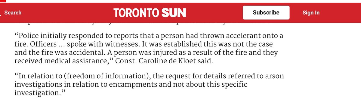 (They also show residents of the encampment video evidence of the same the next morning.)Story 2: As told to  @SunReporterYuen. Nope. Nothing intentional. Witnesses contradicted initial reports! All accidental. Of course we'll be transparent.  https://torontosun.com/news/local-news/street-pastor-alleges-encampment-explosion-may-have-been-set-deliberately-cops-say-fire-not-suspicious