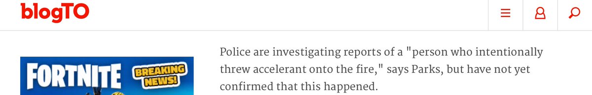 If  @torontopolice are going to make up stories about the Lamport fire, they should at least work to make the stories consistent. Story 1: The fire + explosions. TPS tells  @blogto they are looking into reports that someone intentionally accelerated fire.  https://www.blogto.com/city/2020/12/explosive-fire-breaks-out-tent-encampment-torontos-liberty-village/