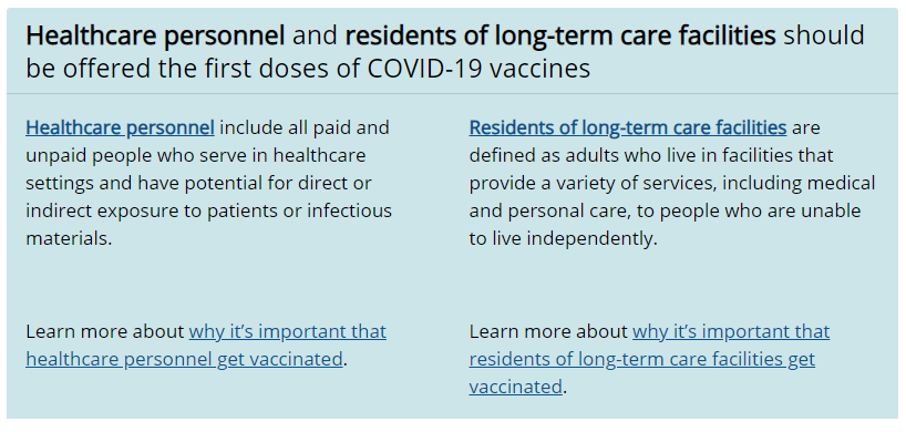 But it's not like the CDC has an opinion on this... oh wait, here it is on the page entitled "When Vaccine is Limited, Who Gets Vaccinated First?"The answer, in bold type, is "Healthcare personnel and residents of long-term care facilities" https://www.cdc.gov/coronavirus/2019-ncov/vaccines/recommendations.html