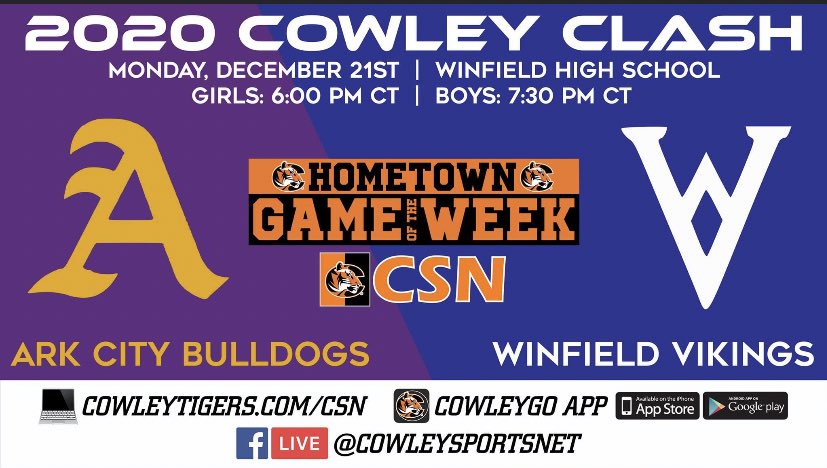 CowleySportsNET's tweet photo. Join us on Monday, December 21st for the 2020 Cowley Clash LIVE from Winfield High School on CSN.
@ArkCitySchools
@465USD
@VikingBulletin
@achsbulldogs
@ACHS_Admin https://t.co/MZ6tzTceTy