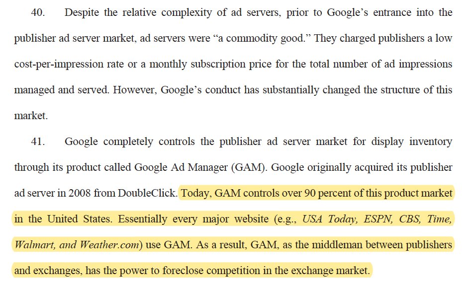 Speaking of commodities. Complaint describes how Google inverted the market. Originally, there was competition in the ad server market and ad servers were a "commodity good." Then Google squashed the competition capturing 90% of the ad server market foreclosing competition. /13