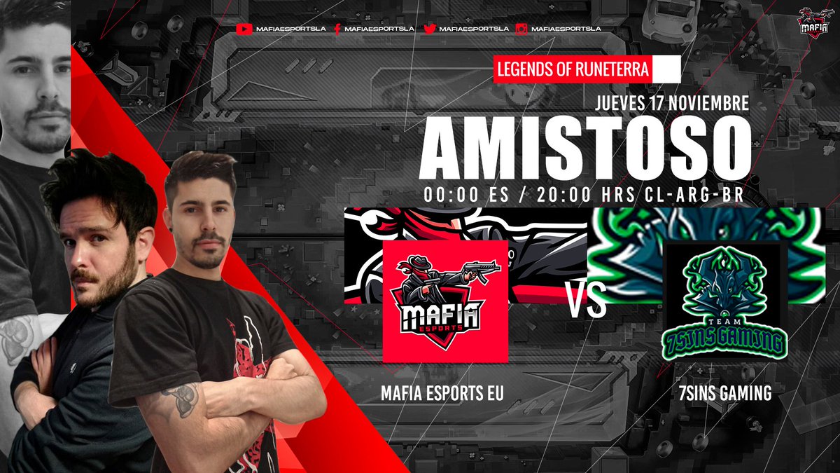 MafiaEsportsLA's tweet photo. #AMISTOSO I #LOREU

Nuestra división española se enfrentara este jueves en un duelo amistoso, no olvides de apoyar a la Banda 🤙! 🕵️‍♀️

🆚
@7sins_gaming 
 
⏰00:00 HRS ESP 
⏰20:00 HRS CL/BR/ARG

📺https://t.co/xsWiB3Jf0P

#WeAreMafia #GOMAFIA https://t.co/cgVlJobzdC