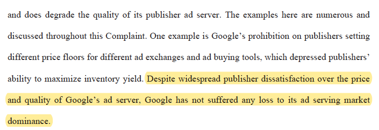 The complaint even rattles off example after example of Google's quality in its ad server being degraded yet not losing marketshare. Sure sign of a monopoly. Expect TX has evidence of Google using it to get favorable data terms and other biz needs. /18