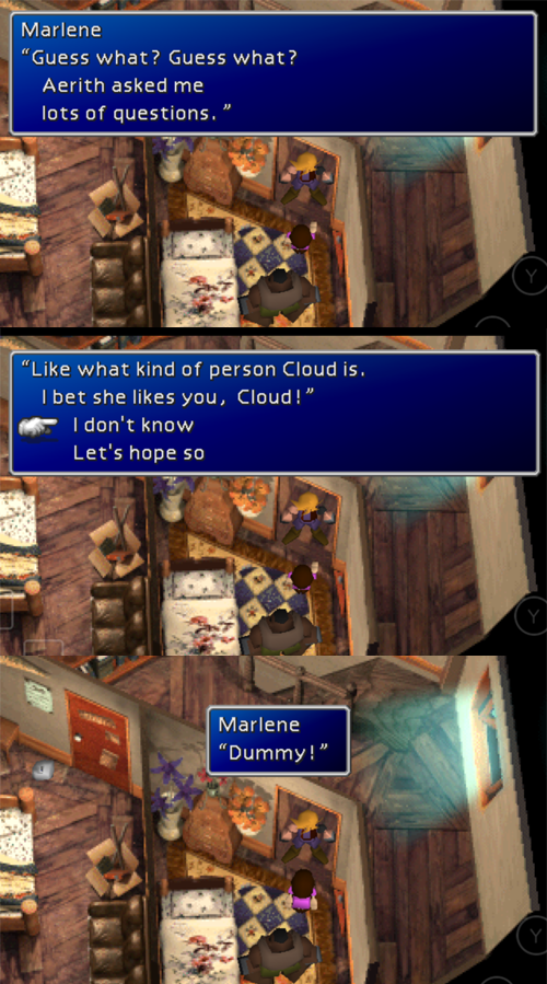 In OG, when back at A's house, C goes upstairs alone & finds B with Marlene. M then tells him how A asked questions about him, hinting A likes him. In FF7R, as discussed in prev tweets, A never asks M about C, & instead C & T together watch B with M while out in the hallway.