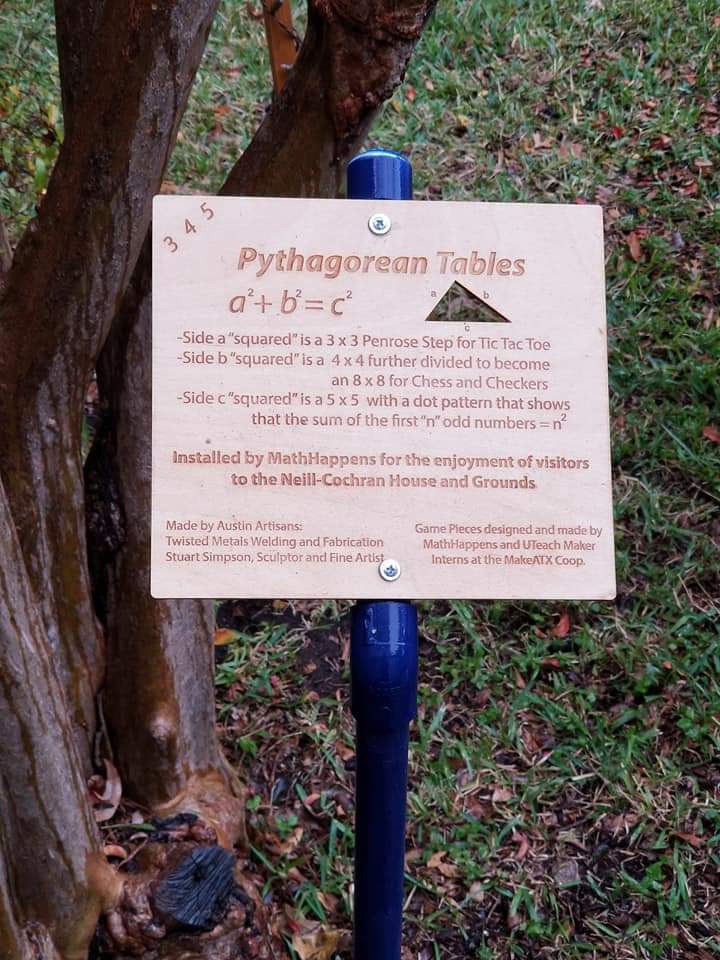 NovaMathProf's tweet image. Happy Pythagorean Day
12/16/20
12^2 + 16^2 = 20^2
These tables are located at the Neil-Cochran House Museum near the University of Texas campus.
The next Pythagorean day will be on 7/24/25.