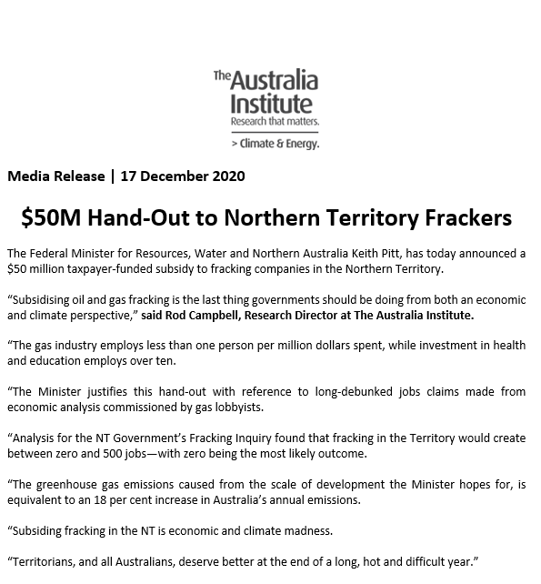 TheAusInstitute's tweet photo. The Fed Minister for Resources, Keith Pitt, has today announced a $50M subsidy to fracking companies in the NT #auspol

"Subsidising fracking is the last thing govs should be doing, from both an economic &amp; climate perspective," said @R_o_d_C @TheAusInstitute
 
FULL STATEMENT 👇 https://t.co/yUpdtWaWmc