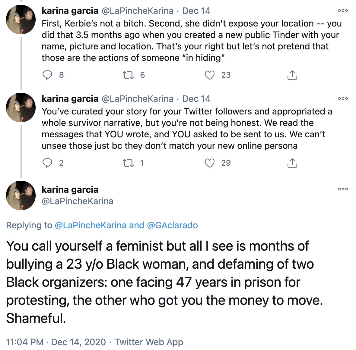 PSL Central Committee member Karina Garcia became active on Twitter after a 3+ year hiatus just to harass a survivor and tell her PSL is stalking her... on Tinder. https://archive.is/QnROT 