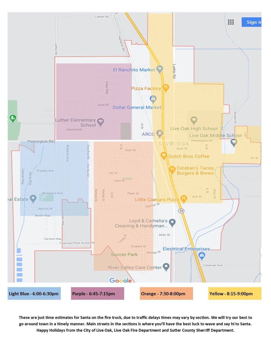 Here is the estimated time schedule and route Santa will be taking this Saturday! #LiveOak #Santa