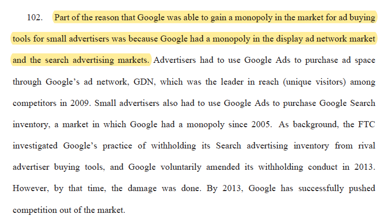 pg38-52 walk through how Google captured a dominant position throughout the ad stack. It frequently uses the term "inside information" to describe how Google could re-route the market to its own needs and benefits. I see  @DinaSrinivasan research throughout this section. /22