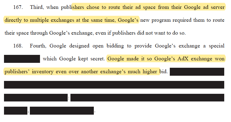 Then we get to Google's assault on header bidding. Alleging:- G hid users from competitive exchanges- foreclosed competition by charging pubs penalty if using- re-routing inventory thru g exchange- winning even over higher bids elsewhere /23