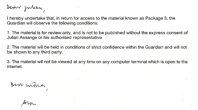 8. Worth re-reading that statement from (5) above. The Guardian: broke their signed confidentiality agreement with WikiLeaks; named @xycelsea as the Cablegate source; secretly passed the entire archive to NYT; and did not follow security procedures to keep files off the Net.