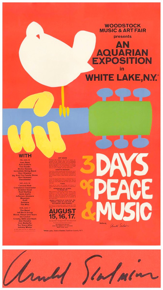 We have this vintage original iconic Woodstock concert poster from July 1969 signed by artist Arnold Skolnick. In unusually fine condition with still vivid colors, it is a visceral touchstone to the culture, ideals, and aesthetic of the 1960s 🎸⚡️ Bids will start at $2,000!