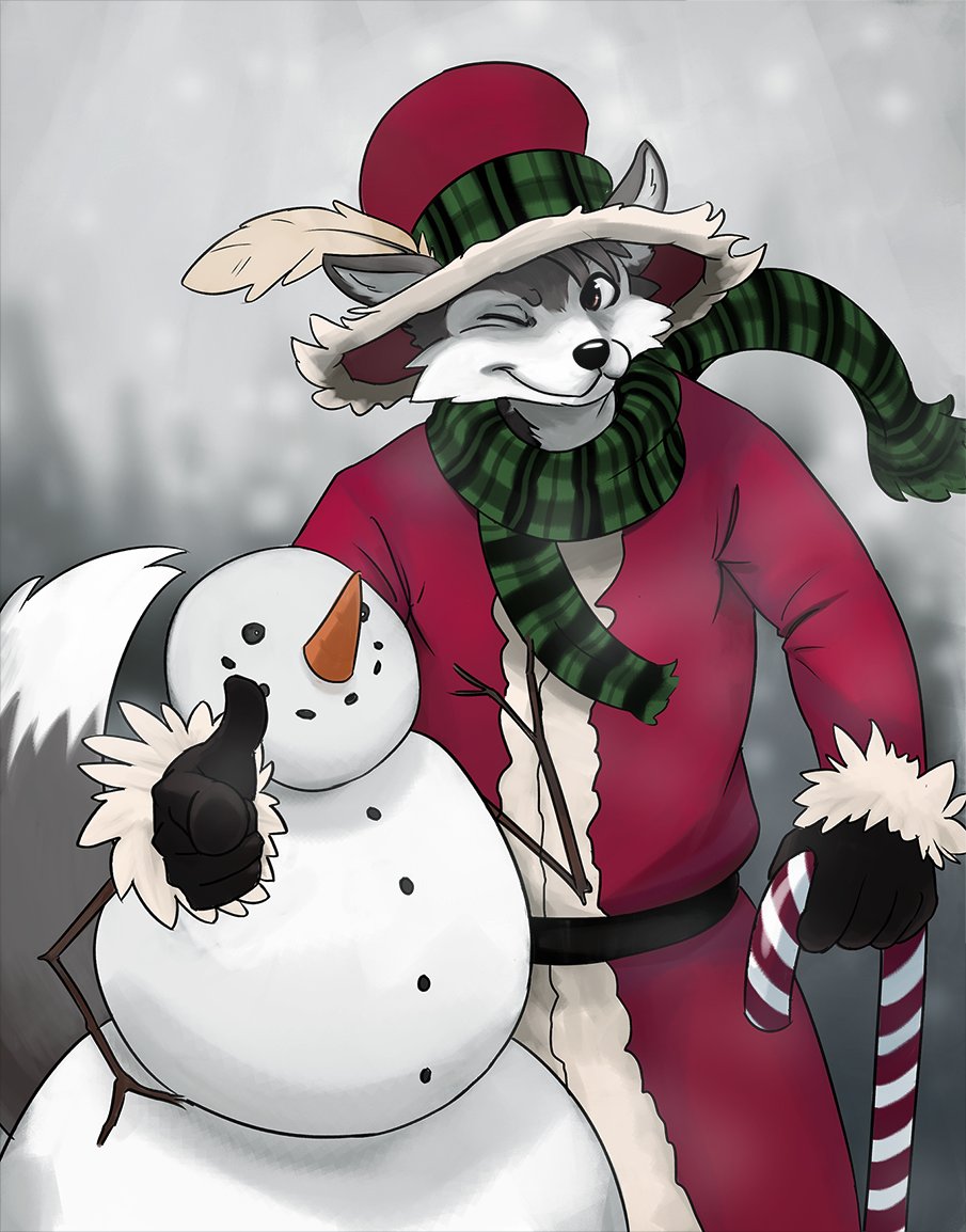 Radelart's tweet photo. Been a busy ass year but managed to pump this out, Merry Christmas everyone! #christmas #wolf #furry #snowman https://t.co/IV9Tk6kUKZ