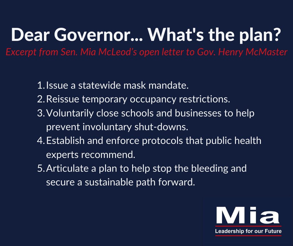 Gov.  @henrymcmaster, you have the power to slow the spread, save lives & bolster business. We can’t wait on a vaccine to fix this. Leadership matters, especially when  #covid is the #1 cause of death in America & the next 3 months are slated to be the roughest in U.S. history.