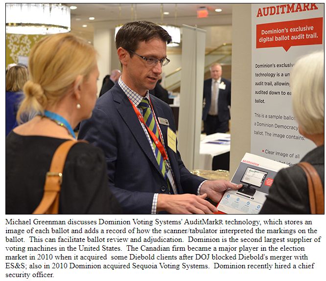 Greenman attended cybersecurity conferences & gave Dominion voting machine demonstrations.Below, Greenman shows GEORGIA at a Sec. of States "winter meeting" what it will get with machines made by "Canadian firm" Dominion. (Noting it bought scandal-plagued voting firm Diebold.)
