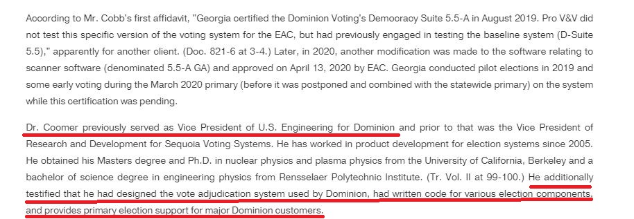 UPDATE: If Coomer never wrote a "single line of code" for Dominion, then why did he testify in Curling v. Raffensberger (2019) he had "designed the vote adjudication system used by Dominion, had written code for various election components"...Perjury or a basic lie? You decide.