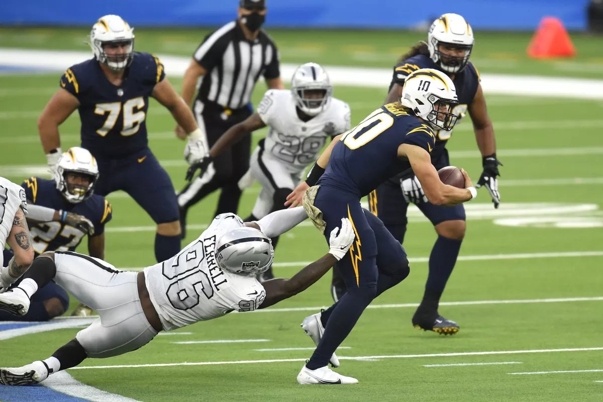 GridWeekly's tweet image. Chargers surge to 4-1 | LAC 38 - LVR 28

A rough game for both teams pushes the LAC into 1st place in the @GridMBL AFCW!

Herbert posted 248 yards and 2 TDs despite 3 INTs!

The defense forced LVR QB Young into 5 INTs, 3 going to standout Desmond King.

#GWW