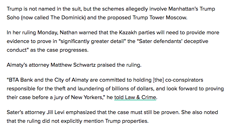 Insert timely update and Wow what a small world here. Sater is being sued in relation to the Kazazk RE deal. The attorney FOR Almady (one of the "victims") also represents....Devon Archer.  https://www.huffpost.com/entry/felix-sater-money-laundering-trump-porperties_n_5fc5958ac5b68ca87f87132a