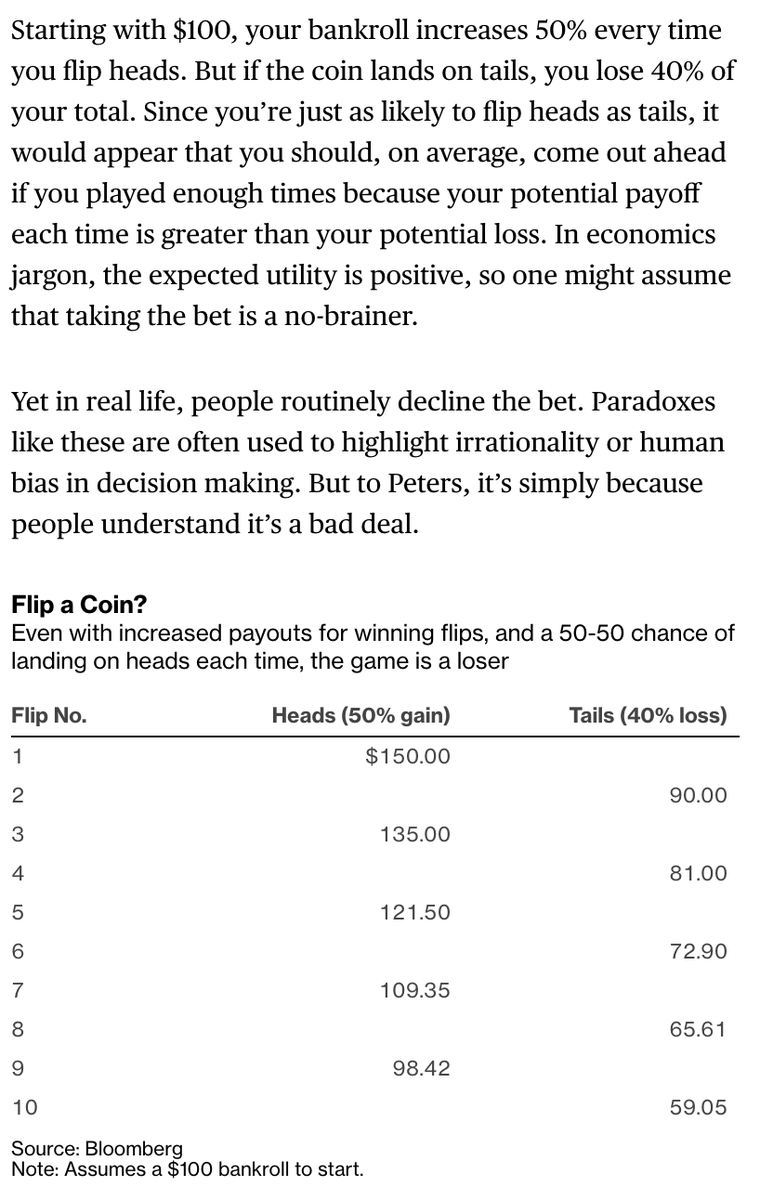 here's the parlor trick. read the problem below"flip a coin. win the toss, gain 50%. lose the toss, lose 40%"which do you take?it relies off of people not realizing that to maintain stasis at 100%, your decay rate is bound by zero and growth rare bound by infinity