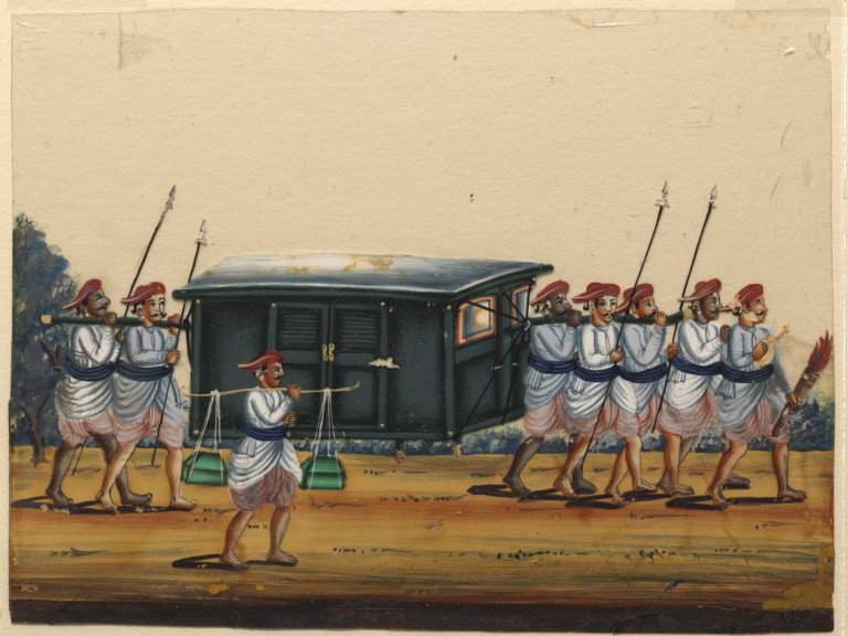 painting depicts closed palanquin, with 6 carriers, accompanied by a pitara -carrier & a headman.Painting- gouache on mica, Trichinopoly, ca.1860company painting at  @V_and_A it seems down south too they used closed palanquin?