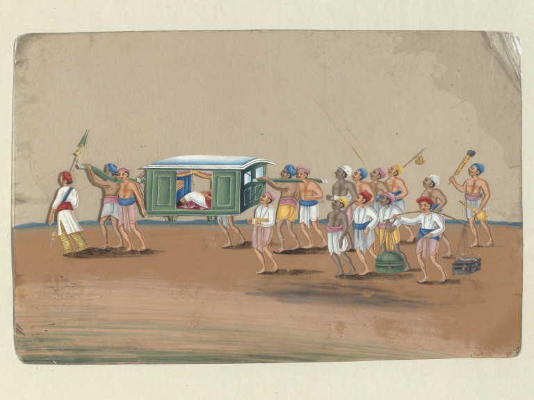 military officer being carried in a box palanquin by 4 bearers preceded by a spearman & followed by a pitara carrier & torch-bearer, with oil flask, 10 servantspainting made in 1860 at Patna, gouache on micacan it be termed as Patna Kalam?