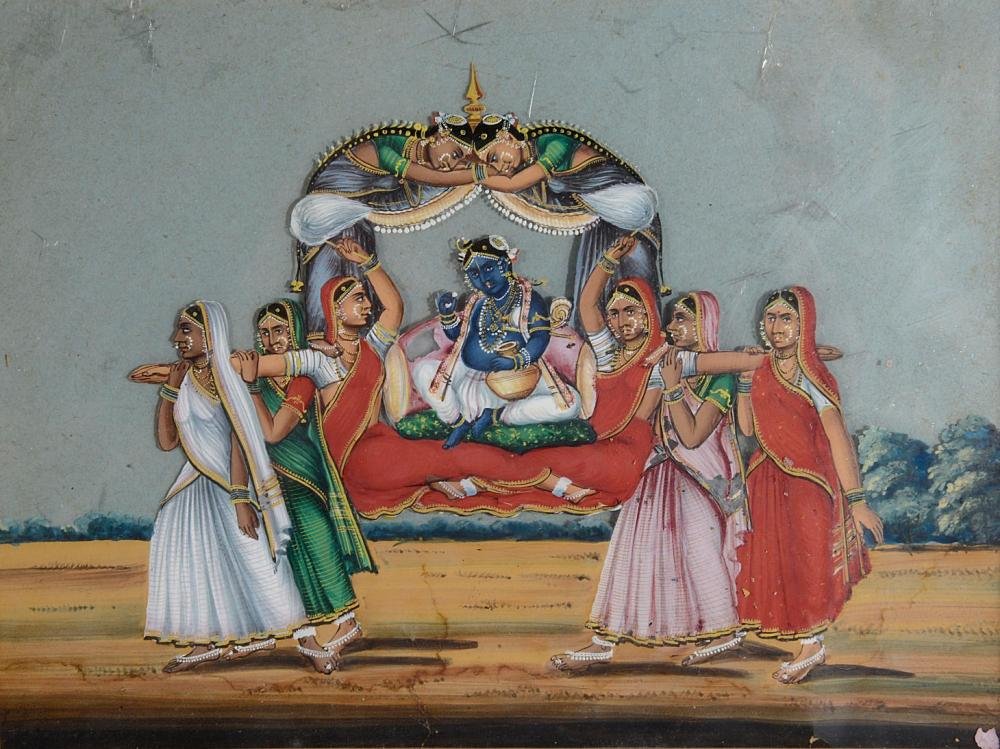 sometimes creativity of Artists amazes meKrishna on Palanquin, formed by women, carried by women, company painting Trichinopoly, mid19th CEGouacha on mica lot231 at  @OlympiaAuctions it says this from  @V_and_A but not able to find link?