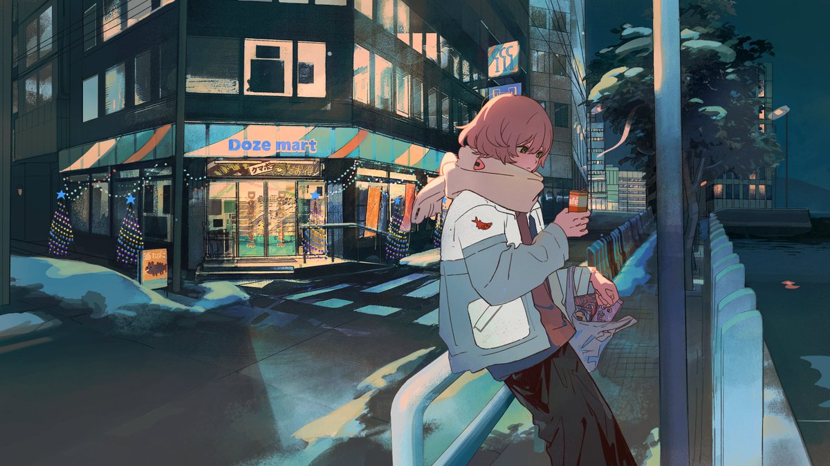 scarf 1girl solo holding can jacket outdoors night  illustration images