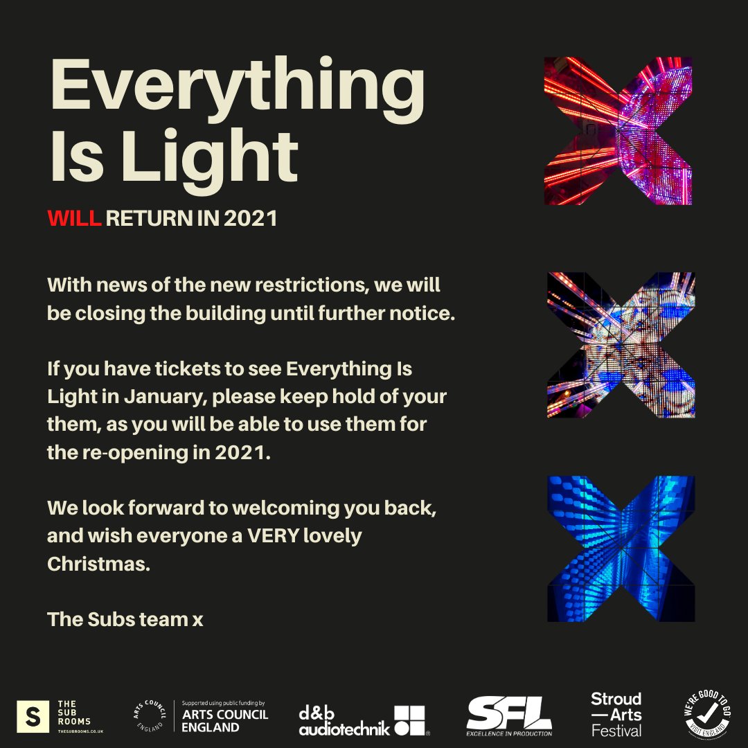 stroud_sub's tweet photo. 🌟 #EverythingIsLight WILL be returning in 2021🌟
❄️If you have January tickets, please keep hold of them and wait for us to be in touch to reschedule.
🤶🏽We hope you have a lovely Christmas break, and we will see you in the #NewYear. Everything is, and will be #light. https://t.co/p7p901kJ9E