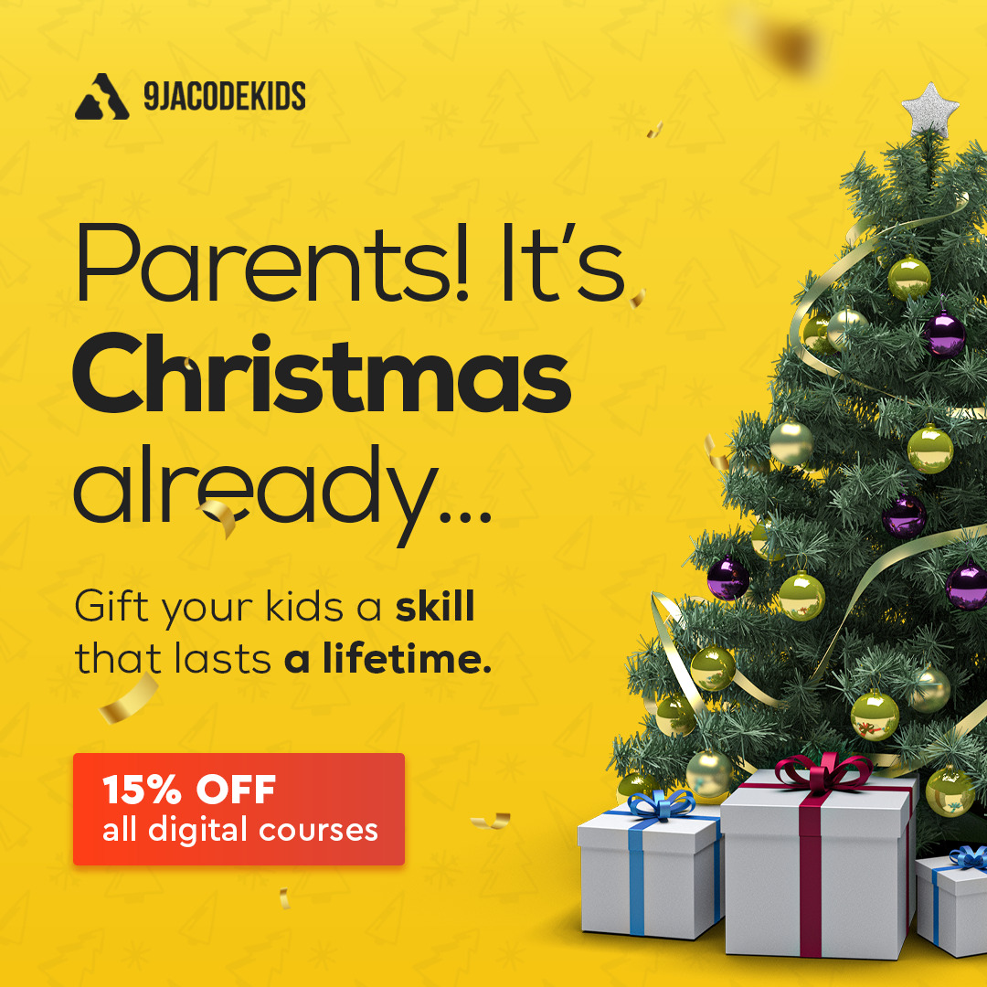 9jacodekids's tweet image. Parents! what are you waiting for? Christmas is Knocking already. 
This is a gift laced with skills to last a lifetime. Hurry Now!
.
15% off all digital courses, Available for ages 4-16. 
Send us a DM or call us on 08105082289
#9jacodekids #codeiscatchingme...