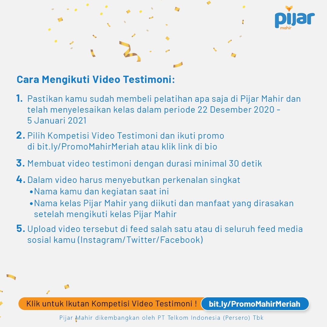Pijarmahir's tweet photo. Cuma bikin video testimoni bisa dapat saldo LinkAja Rp. 300.000? Bisa dong! Buruan ikutan disini https://t.co/vwcsopza6U 10 orang dengan video testimoni paling kreatif bakal dipilih sebagai pemenang yang diumumkan 9 Januari 2021.
#PijarMahir #MahirMeriahTahunBaru #VideoTestimoni https://t.co/7KLG48LWKq