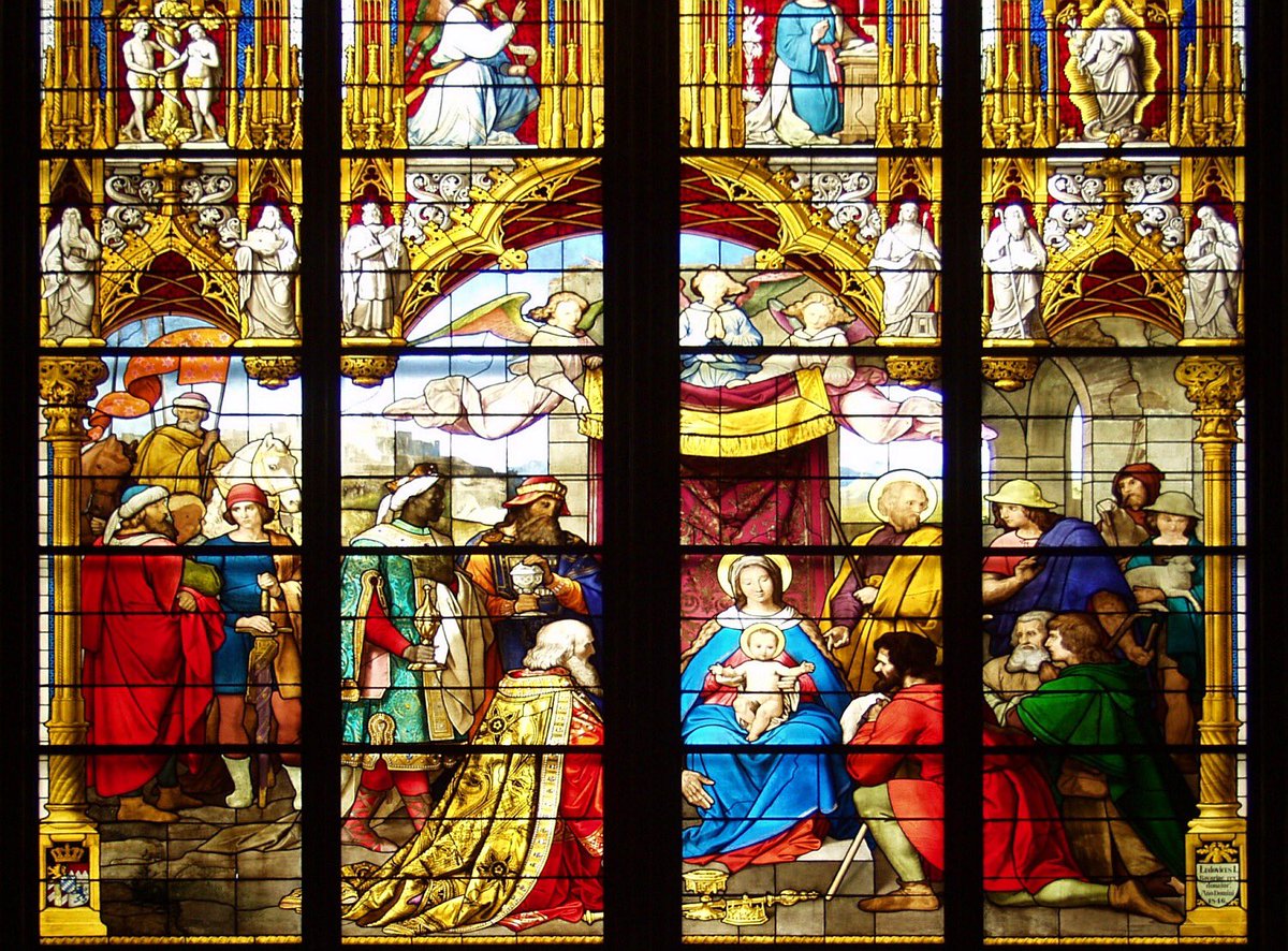 Late 19th-century stained glass of The Adoration of the Shepherds and the Magi, Cologne Cathedral.