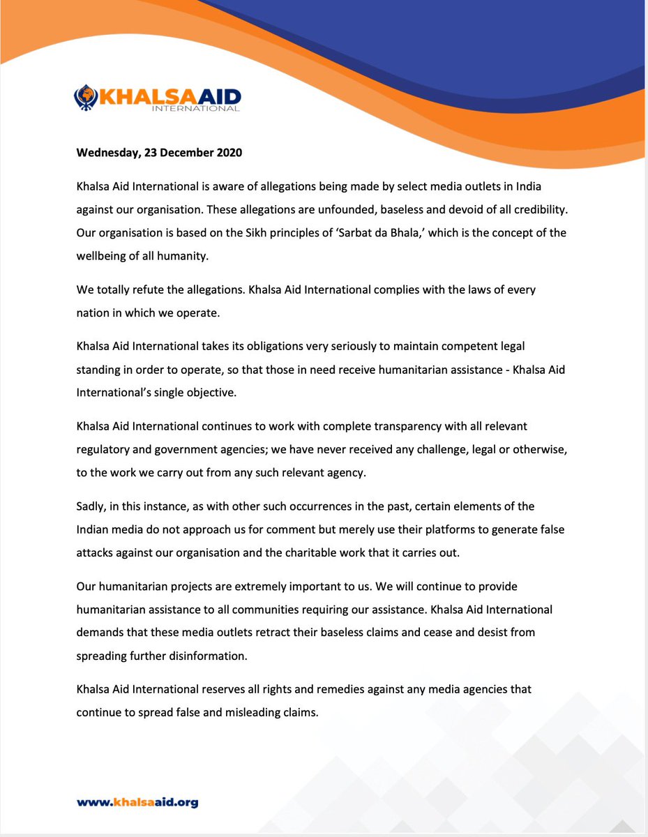 Official statement @Khalsa_Aid we don’t usually respond to nonsense but at this time when our kin are sleeping on the streets in the cold we owe it to them to make a response #KisanEktaZindaabaad #Tractor2Twitter @Kisanektamorcha @RaviSinghKA @amarpreet_ka