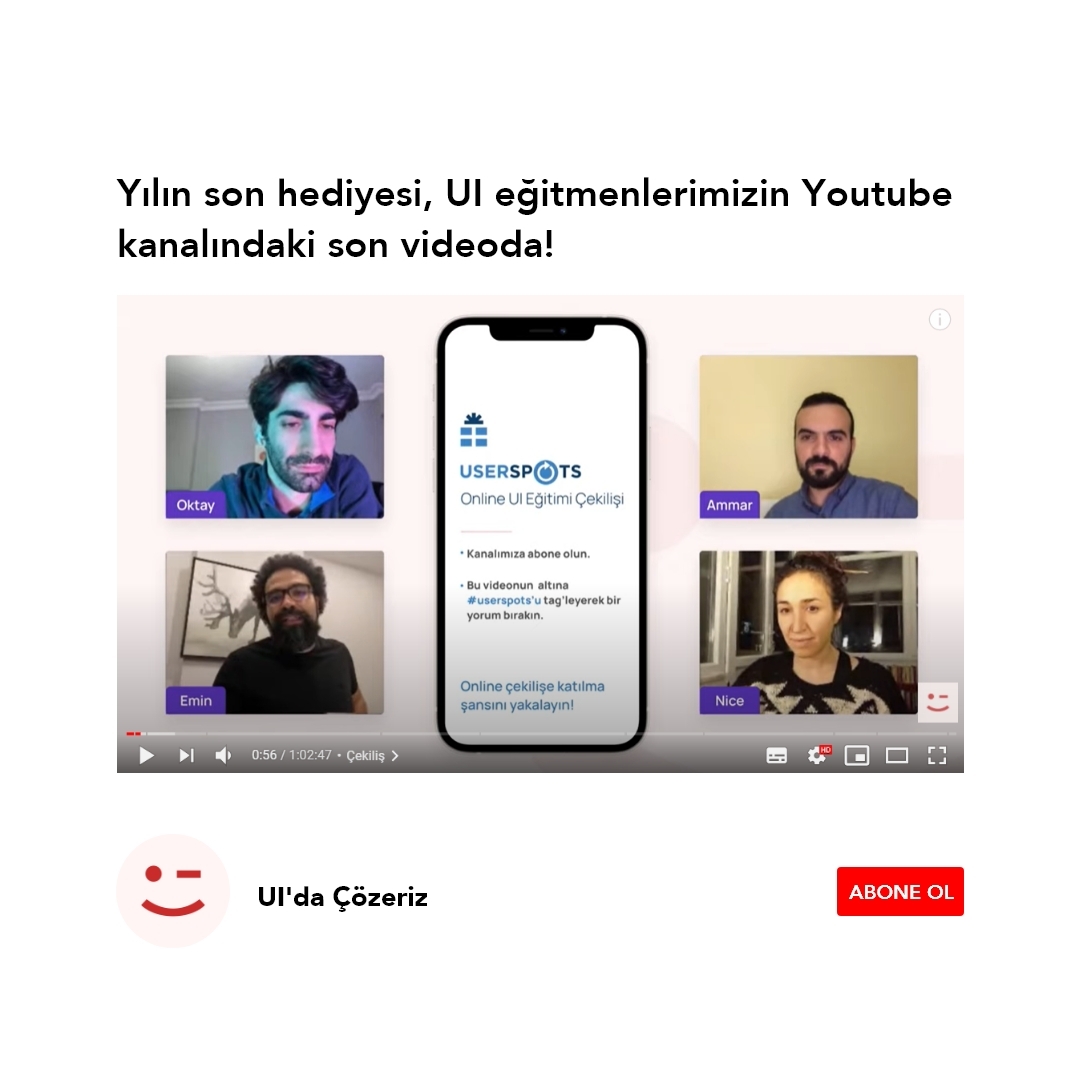 Userspots's tweet photo. UI eğitmenlerimiz @Ammarceker ,@eminciddi , @oktayelipek ve @pancarkedi 'nin ''UI’da Çözeriz'' adlı YouTube kanalında yıl sonu hediyesi var! Kanala abone ol, #userspots etiketi ile bir yorum yaz, ücretsiz Online UI Eğitimi kazanacak kişi sen ol!
https://t.co/ZWoWkhP0tb https://t.co/KRMfRBt2SJ