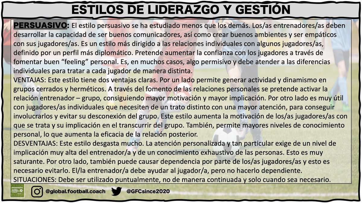 GFCsince2020's tweet photo. ⚽️➡️ ~Estilos de liderazgo y gestión~

- Autoritario.
- Democrático.
- Permisivo.
- Persuasivo.

#fútbol #football #FútbolBase #FútbolFormativo #entrenador #EntrenadorDeFútbol #coach #trainer #GlobalFootballCoach https://t.co/viqEgQSIjU